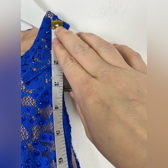 Jovani Blue Lace High Neck Lace Bodice Satin Long Dress Corset Back - Picture 12 of 16